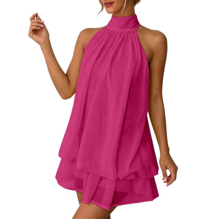 Women Halter Neck Backless Tie Mini Dress Summer Sleeveless Chiffon Ruffle Short Dres