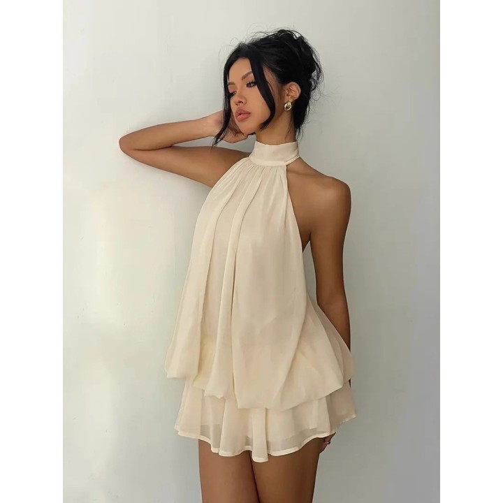 Women Halter Neck Backless Tie Mini Dress Summer Sleeveless Chiffon Ruffle Short Dres
