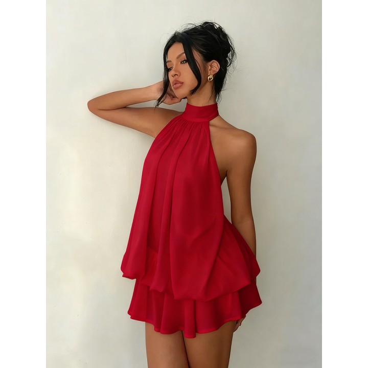Women Halter Neck Backless Tie Mini Dress Summer Sleeveless Chiffon Ruffle Short Dres