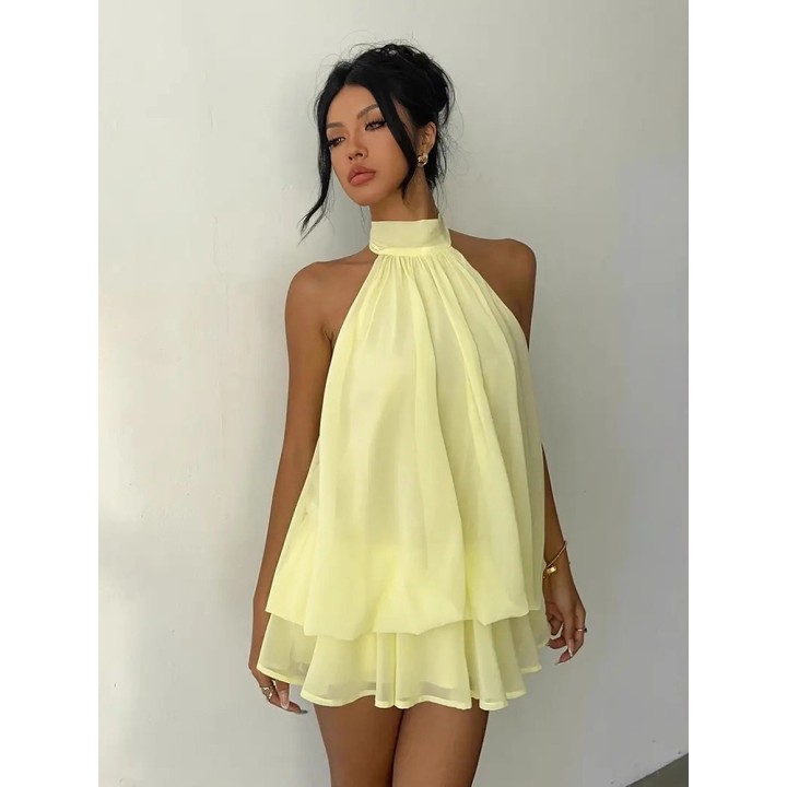 Women Halter Neck Backless Tie Mini Dress Summer Sleeveless Chiffon Ruffle Short Dres