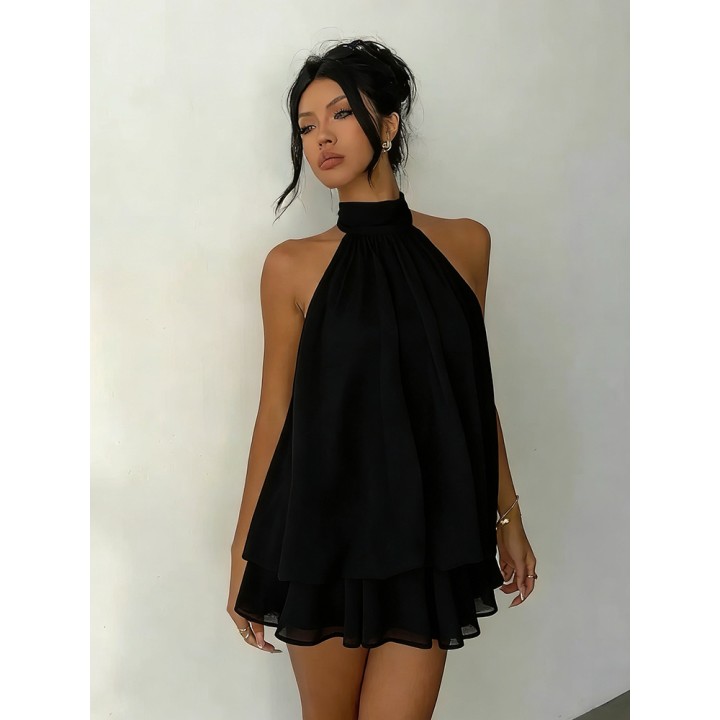 Women Halter Neck Backless Tie Mini Dress Summer Sleeveless Chiffon Ruffle Short Dres