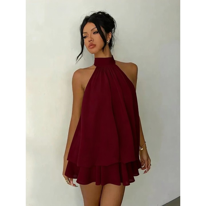 Women Halter Neck Backless Tie Mini Dress Summer Sleeveless Chiffon Ruffle Short Dres