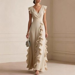Solid Color Pleated Short Sleeve V Neck Dress Long Evening Dress Dresses Spring Summe