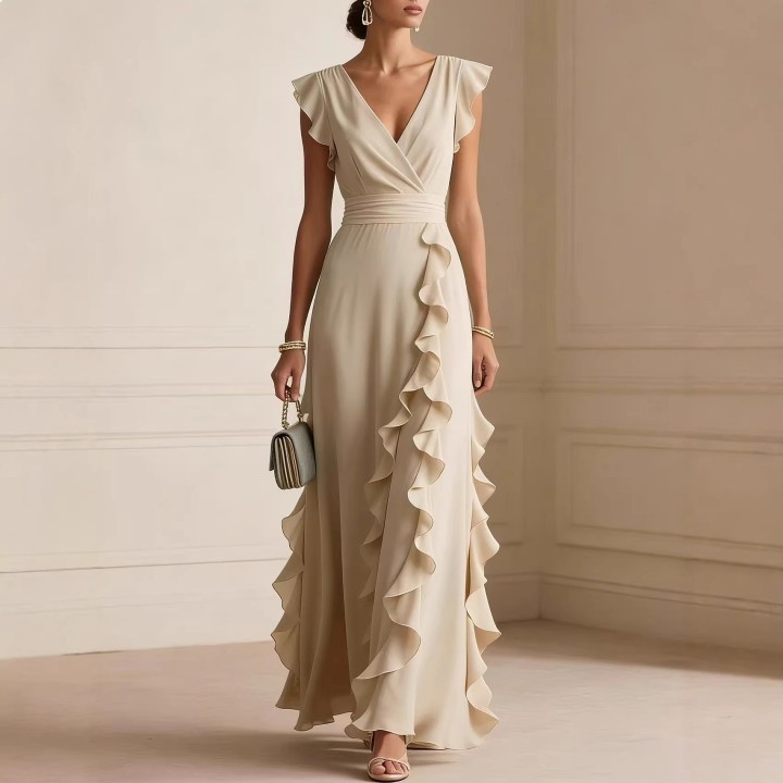 Solid Color Pleated Short Sleeve V Neck Dress Long Evening Dress Dresses Spring Summe