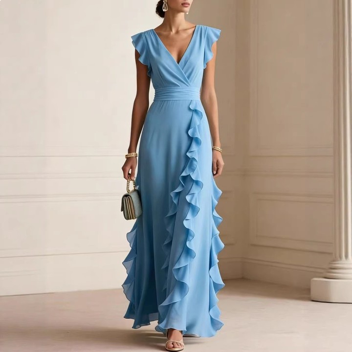 Solid Color Pleated Short Sleeve V Neck Dress Long Evening Dress Dresses Spring Summe