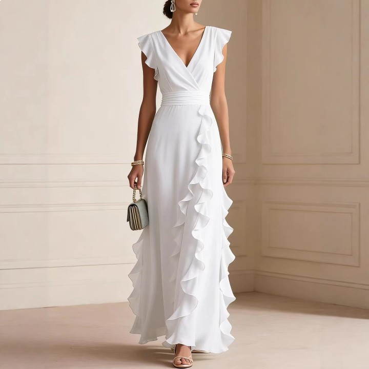 Solid Color Pleated Short Sleeve V Neck Dress Long Evening Dress Dresses Spring Summe
