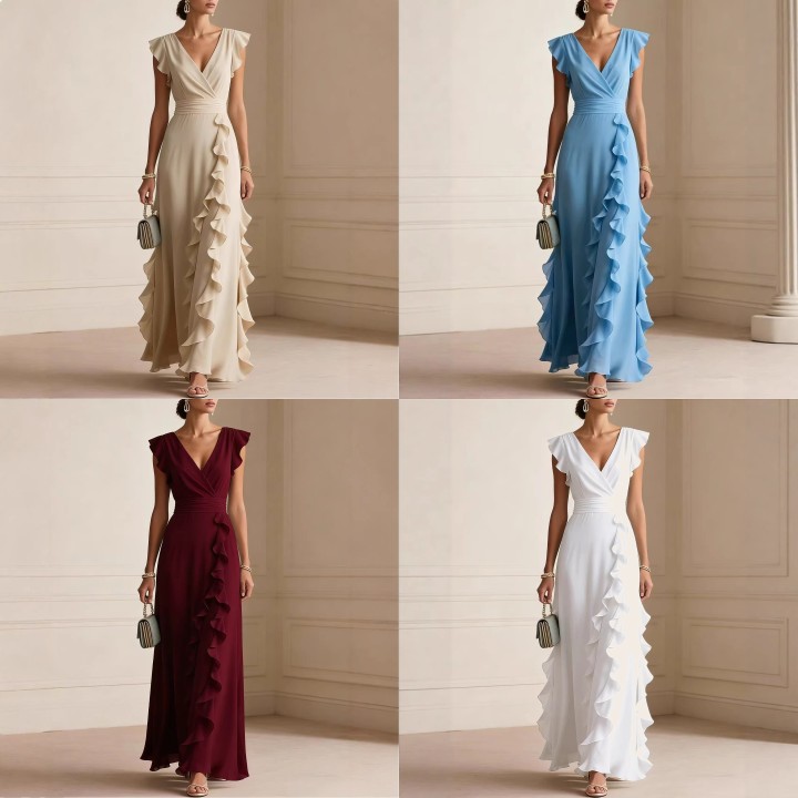 Solid Color Pleated Short Sleeve V Neck Dress Long Evening Dress Dresses Spring Summe