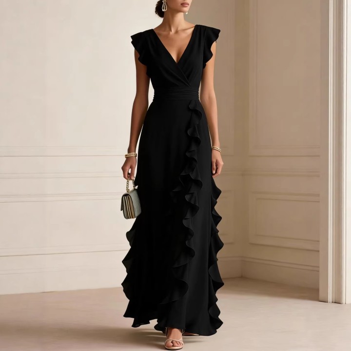 Solid Color Pleated Short Sleeve V Neck Dress Long Evening Dress Dresses Spring Summe