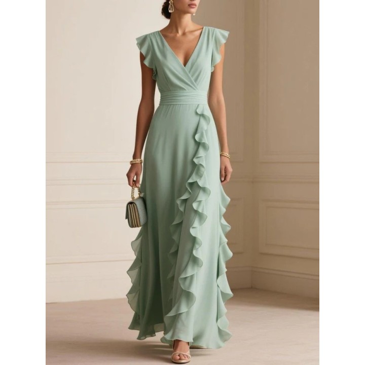Solid Color Pleated Short Sleeve V Neck Dress Long Evening Dress Dresses Spring Summe