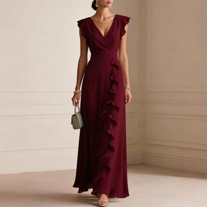 Solid Color Pleated Short Sleeve V Neck Dress Long Evening Dress Dresses Spring Summe