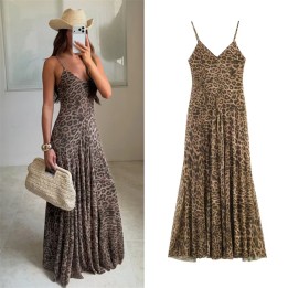 2026 Summer New Womens Dress Leopard Print Spaghetti Strap Aline Midi Dress  Fashion