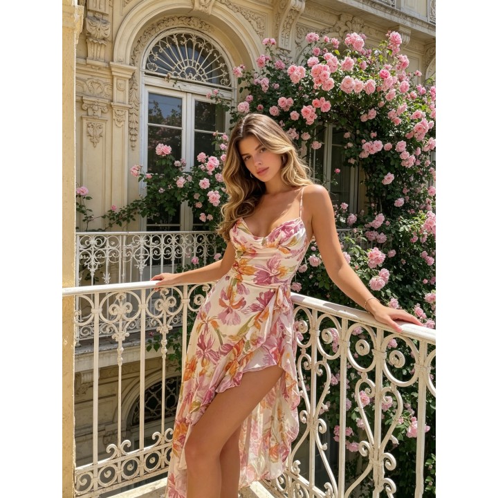 Spring And Summer Fresh  Floral Art Irregular Design Ruffle Edge Low Neck Suspender D