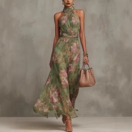 2026 Womens New Summer Style Pleated Mesh Printed Irregular Slit  Halterneck Hipcove