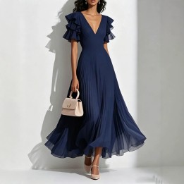 Women Deep neck Ruffle Short Sleeve Maxi Dress Elegant Chiffon Pleated Long Dress