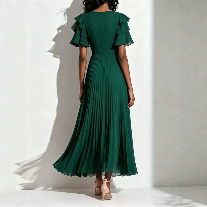 Women Deep neck Ruffle Short Sleeve Maxi Dress Elegant Chiffon Pleated Long Dress