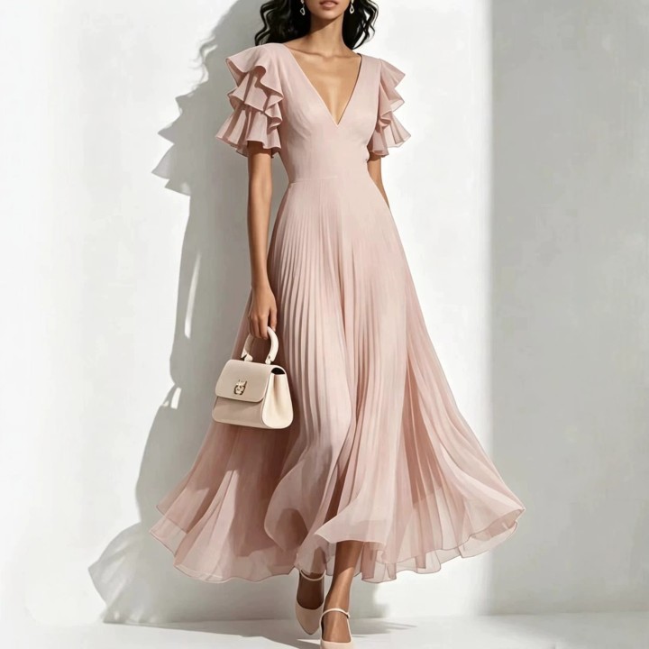 Women Deep neck Ruffle Short Sleeve Maxi Dress Elegant Chiffon Pleated Long Dress