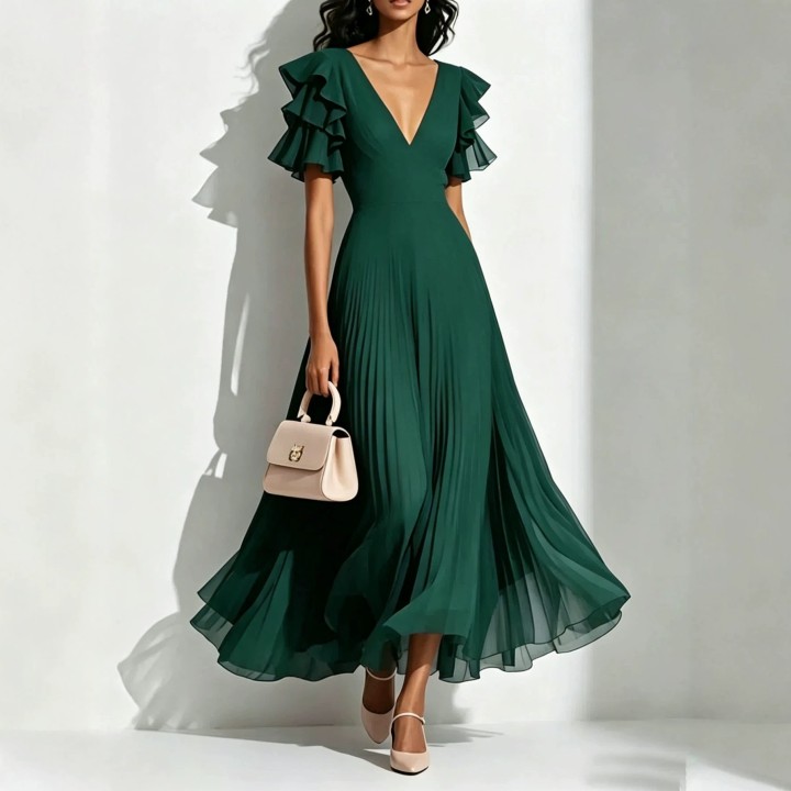 Women Deep neck Ruffle Short Sleeve Maxi Dress Elegant Chiffon Pleated Long Dress