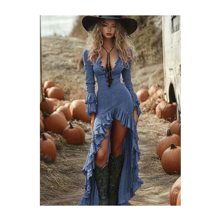 2025 Retro Solid Ruffle Irregular Dress Women Spring V Neck Slim Party Long Dress Aut