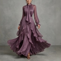 Chic 2026 Wind Purple Ruffle Edge Long Sleeve Slim Dress Fashion Evening Dress Y2k Bi
