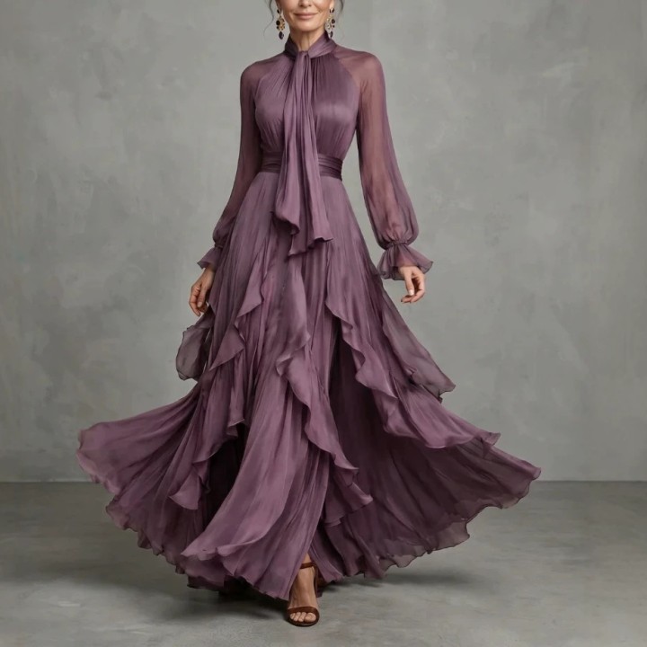 Chic 2026 Wind Purple Ruffle Edge Long Sleeve Slim Dress Fashion Evening Dress Y2k Bi