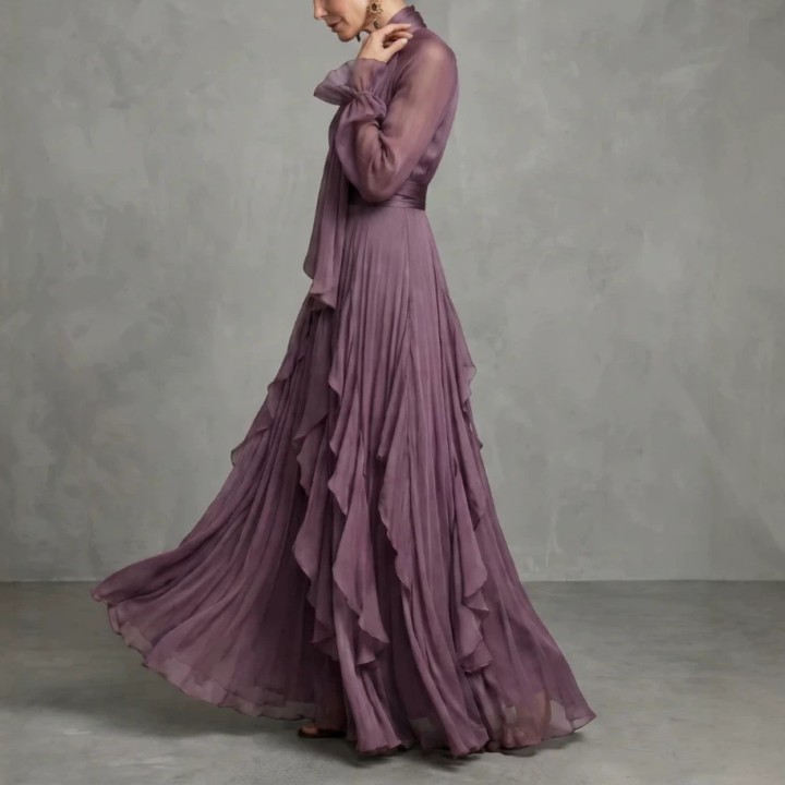 Chic 2026 Wind Purple Ruffle Edge Long Sleeve Slim Dress Fashion Evening Dress Y2k Bi