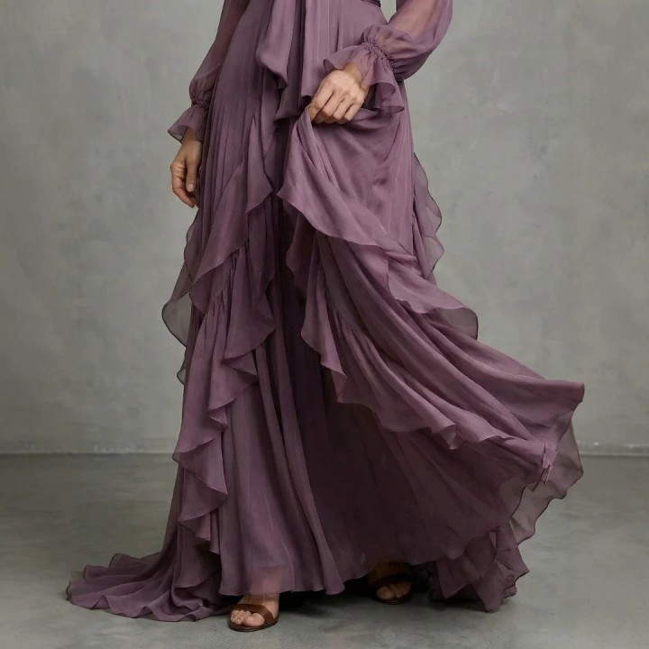 Chic 2026 Wind Purple Ruffle Edge Long Sleeve Slim Dress Fashion Evening Dress Y2k Bi