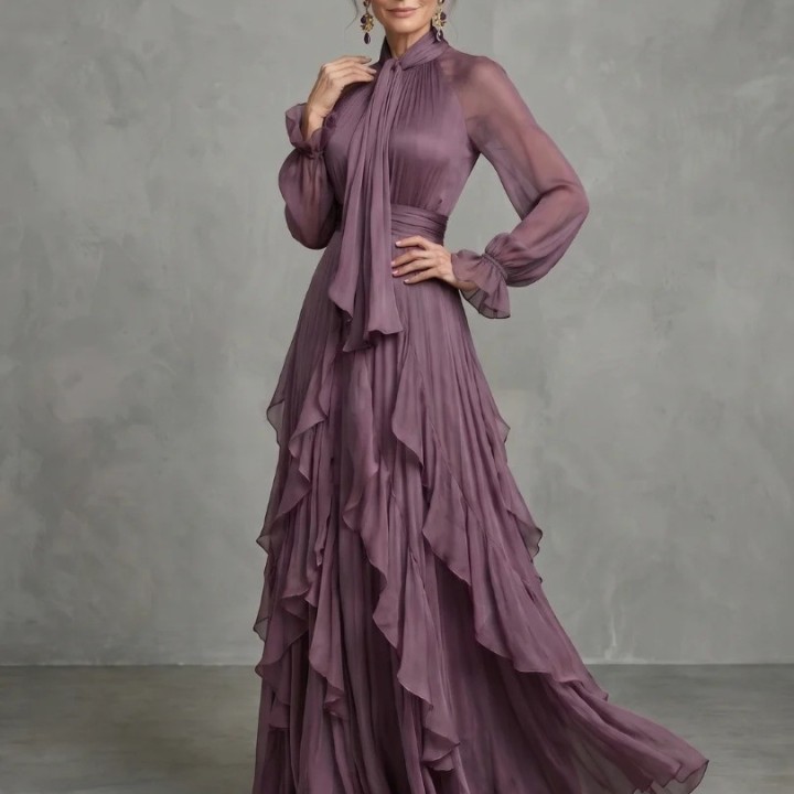 Chic 2026 Wind Purple Ruffle Edge Long Sleeve Slim Dress Fashion Evening Dress Y2k Bi
