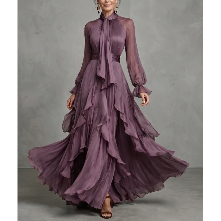 Chic 2026 Wind Purple Ruffle Edge Long Sleeve Slim Dress Fashion Evening Dress Y2k Bi
