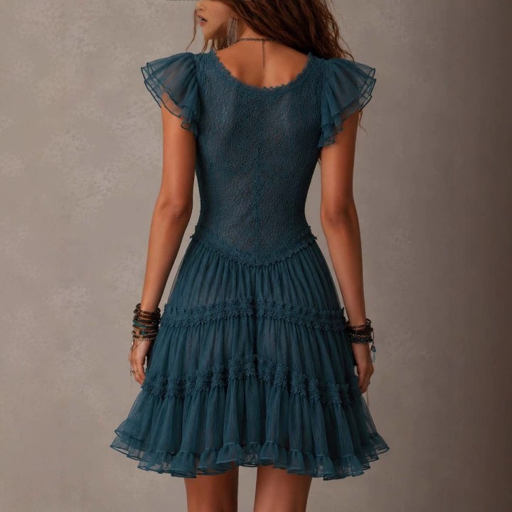Womens Deep V Lace Mini Dress For Women Flutter Cap Sleeve Tiered Mesh Ruffle Cake S