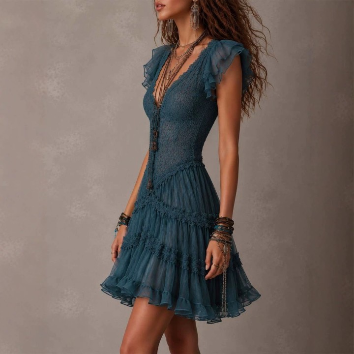 Womens Deep V Lace Mini Dress For Women Flutter Cap Sleeve Tiered Mesh Ruffle Cake S