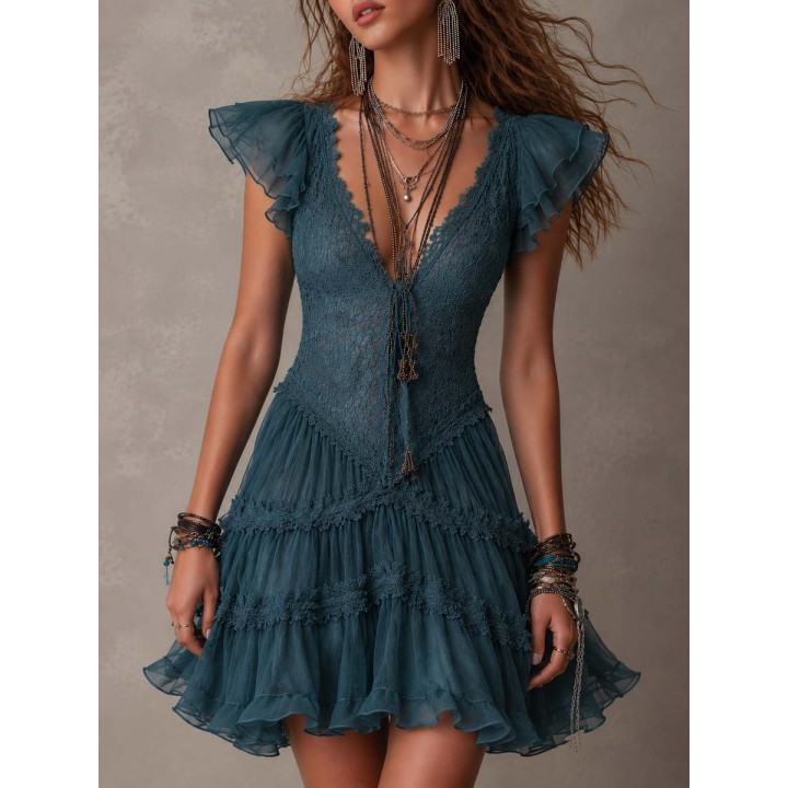 Womens Deep V Lace Mini Dress For Women Flutter Cap Sleeve Tiered Mesh Ruffle Cake S