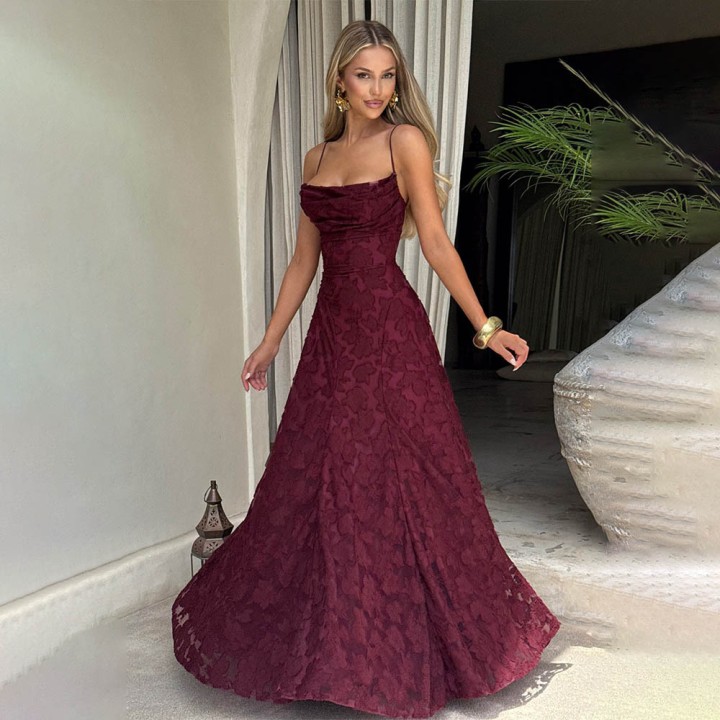 Jacquard Chiffon Long Dress Womens Backless Bandage Dresses Summer Evening Wedding G