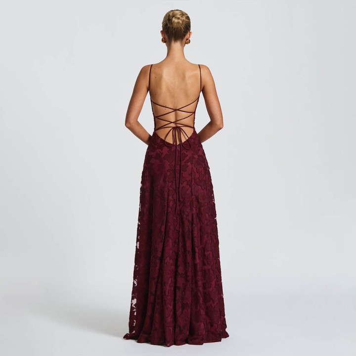 Jacquard Chiffon Long Dress Womens Backless Bandage Dresses Summer Evening Wedding G