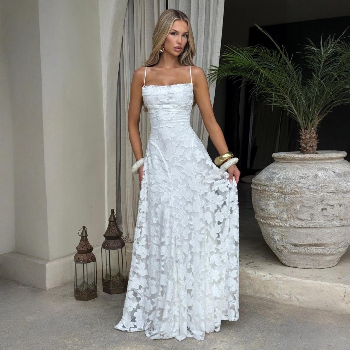 Jacquard Chiffon Long Dress Womens Backless Bandage Dresses Summer Evening Wedding G