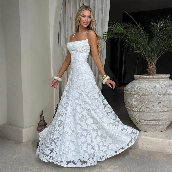 Jacquard Chiffon Long Dress Womens Backless Bandage Dresses Summer Evening Wedding G