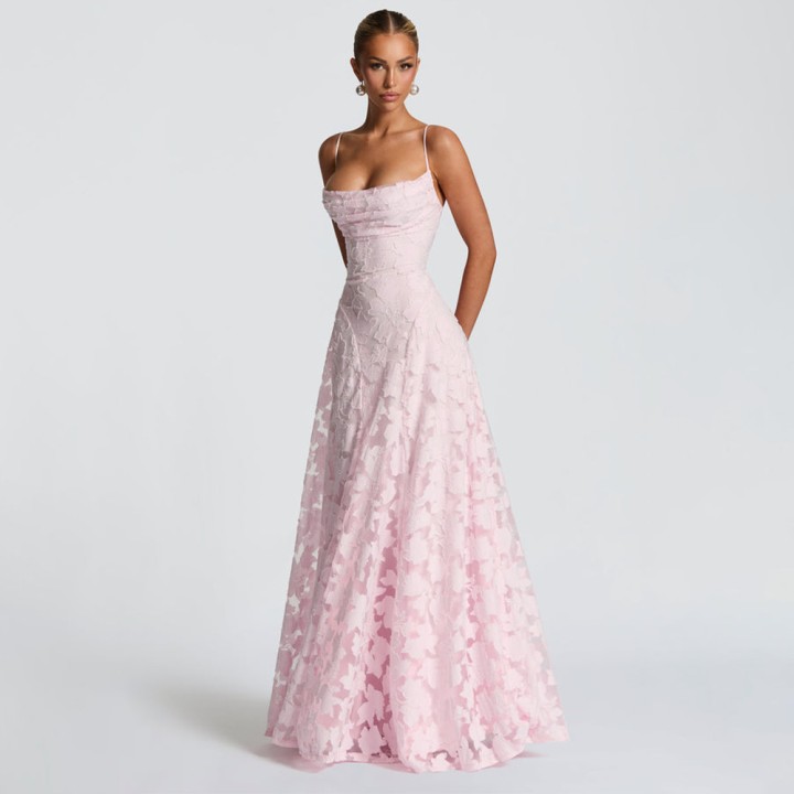 Jacquard Chiffon Long Dress Womens Backless Bandage Dresses Summer Evening Wedding G