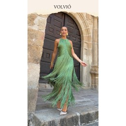 Partystyle Long Dress With Dangling Fringes Around The Neck, Formal Evening Gown