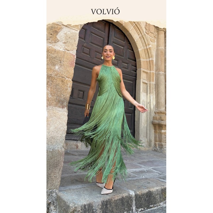 Partystyle Long Dress With Dangling Fringes Around The Neck, Formal Evening Gown