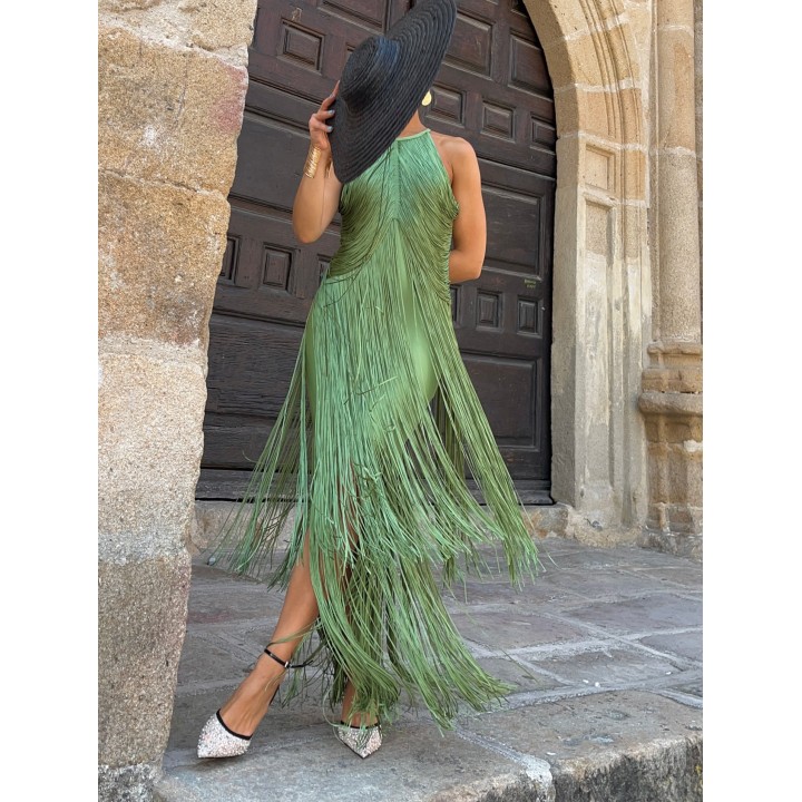 Partystyle Long Dress With Dangling Fringes Around The Neck, Formal Evening Gown