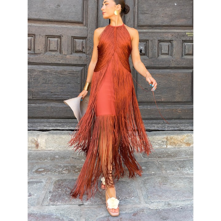 Partystyle Long Dress With Dangling Fringes Around The Neck, Formal Evening Gown