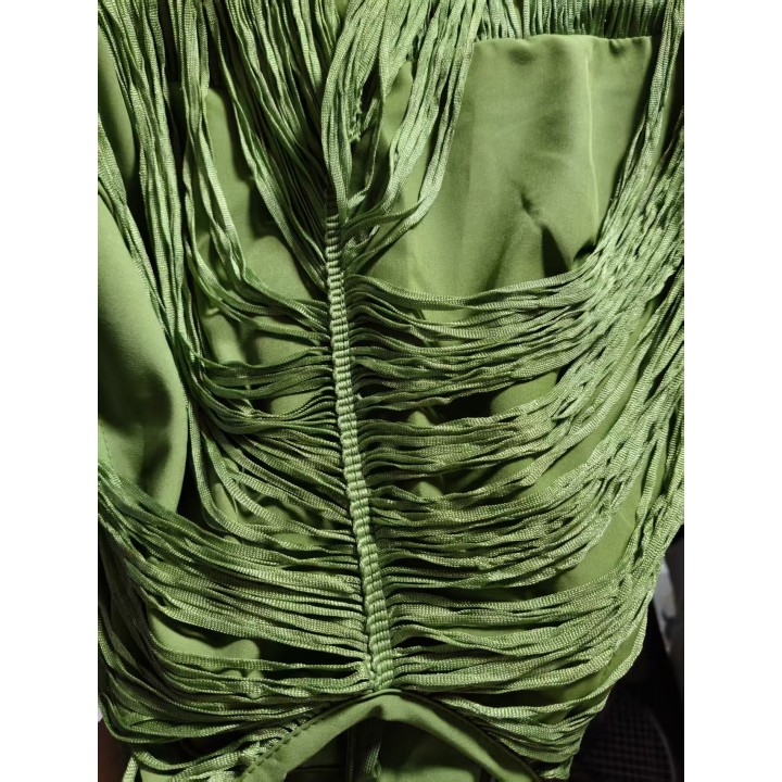 Partystyle Long Dress With Dangling Fringes Around The Neck, Formal Evening Gown