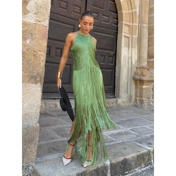 Partystyle Long Dress With Dangling Fringes Around The Neck, Formal Evening Gown
