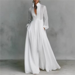 Womens Elegant Single Breasted Long Dress 2026 French High Waist Solid Pockets Pleat