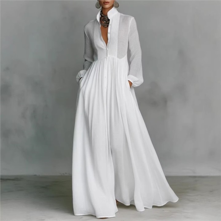 Womens Elegant Single Breasted Long Dress 2026 French High Waist Solid Pockets Pleat