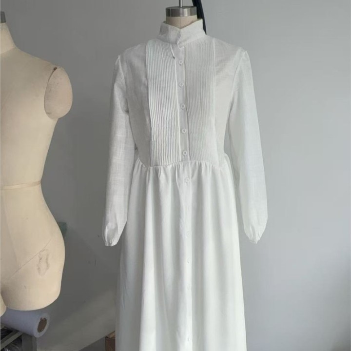 Womens Elegant Single Breasted Long Dress 2026 French High Waist Solid Pockets Pleat
