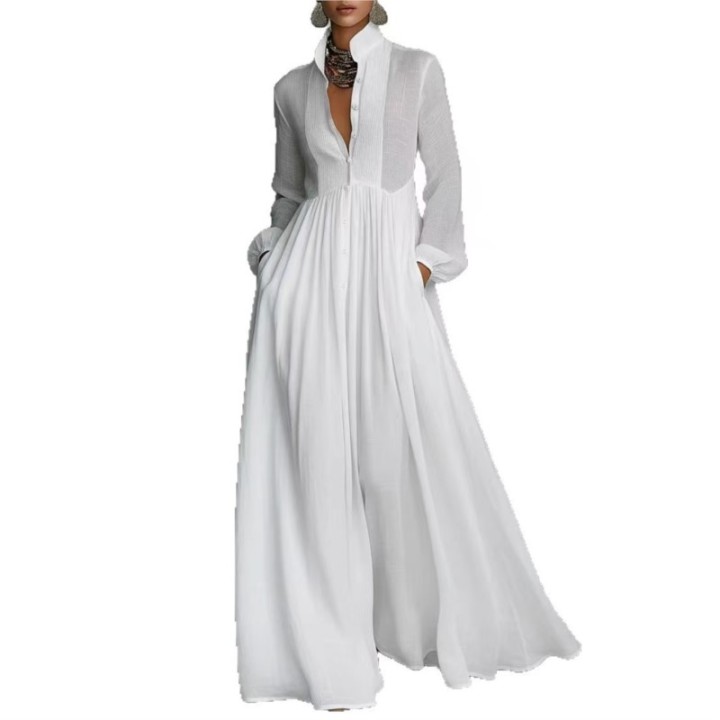 Womens Elegant Single Breasted Long Dress 2026 French High Waist Solid Pockets Pleat
