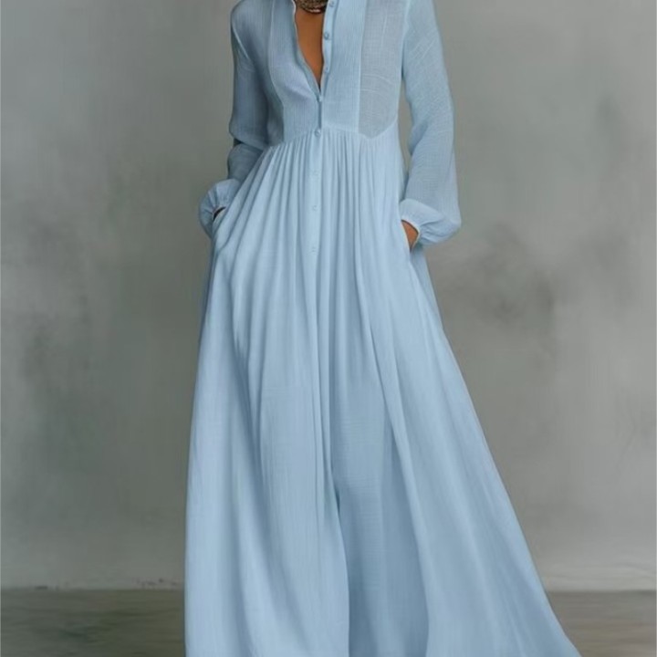 Womens Elegant Single Breasted Long Dress 2026 French High Waist Solid Pockets Pleat