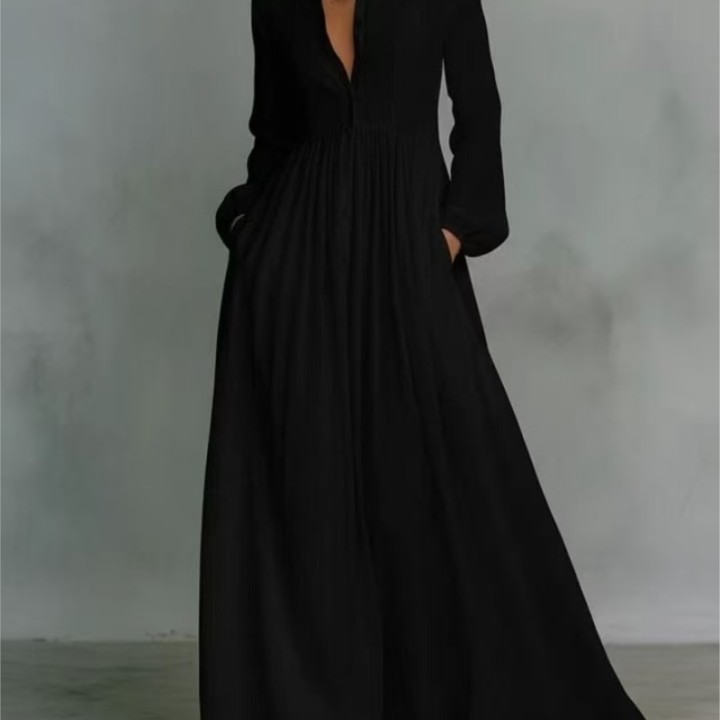 Womens Elegant Single Breasted Long Dress 2026 French High Waist Solid Pockets Pleat