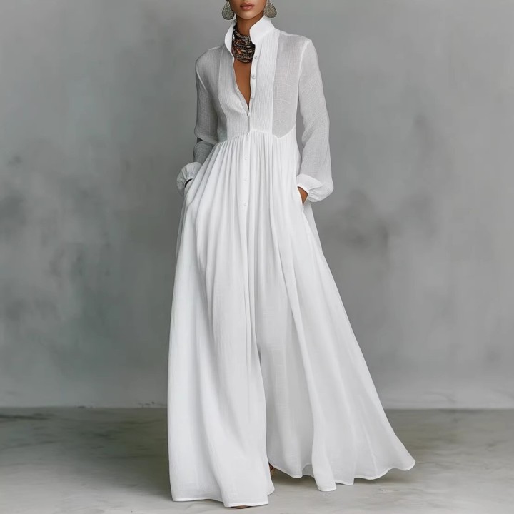 Womens Elegant Single Breasted Long Dress 2026 French High Waist Solid Pockets Pleat