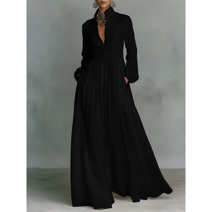Womens Elegant Single Breasted Long Dress 2026 French High Waist Solid Pockets Pleat